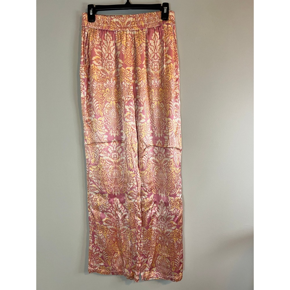 Alexis Pink Yellow Damask Floral Wide Leg Pants Smocked Waist Pockets Womens M
